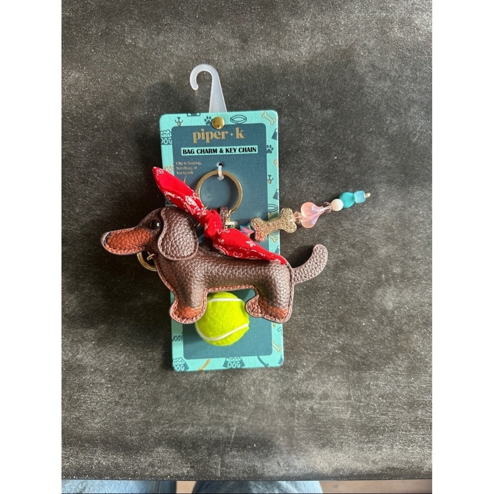 Piper + K Dachshund Dog Bag Charm Key Chain Brown Wiener Dog Red Bandana New - Picture 5 of 9